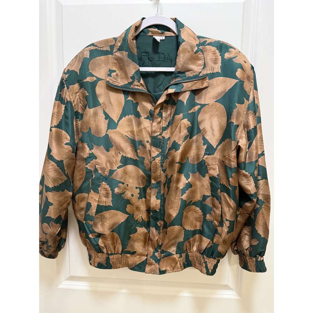 Fuda International Vintage 100% Silk Leaf Print Bomber Jacket Green Bronze M‎